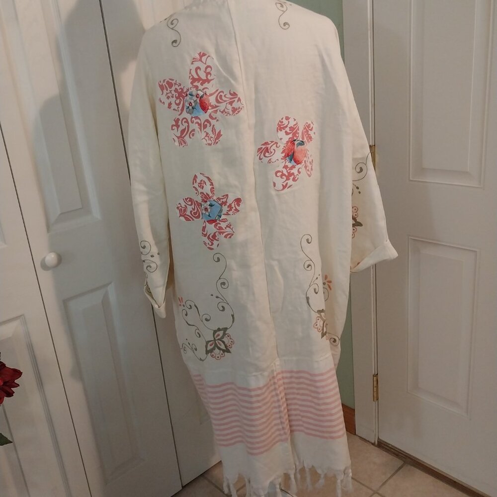 3481 Size XL Long Duster Upcycled from Embroidered Linen /Cotton Tablecloths, . - Picture 12 of 14